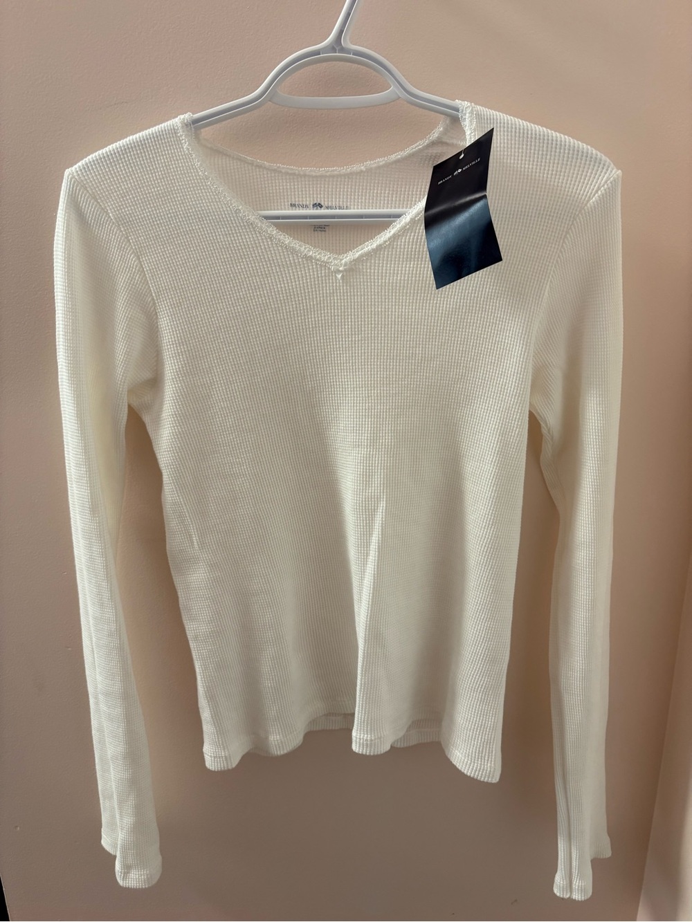 Brandy Melville White Waffle Knit V-Neck Long Sleeve Top